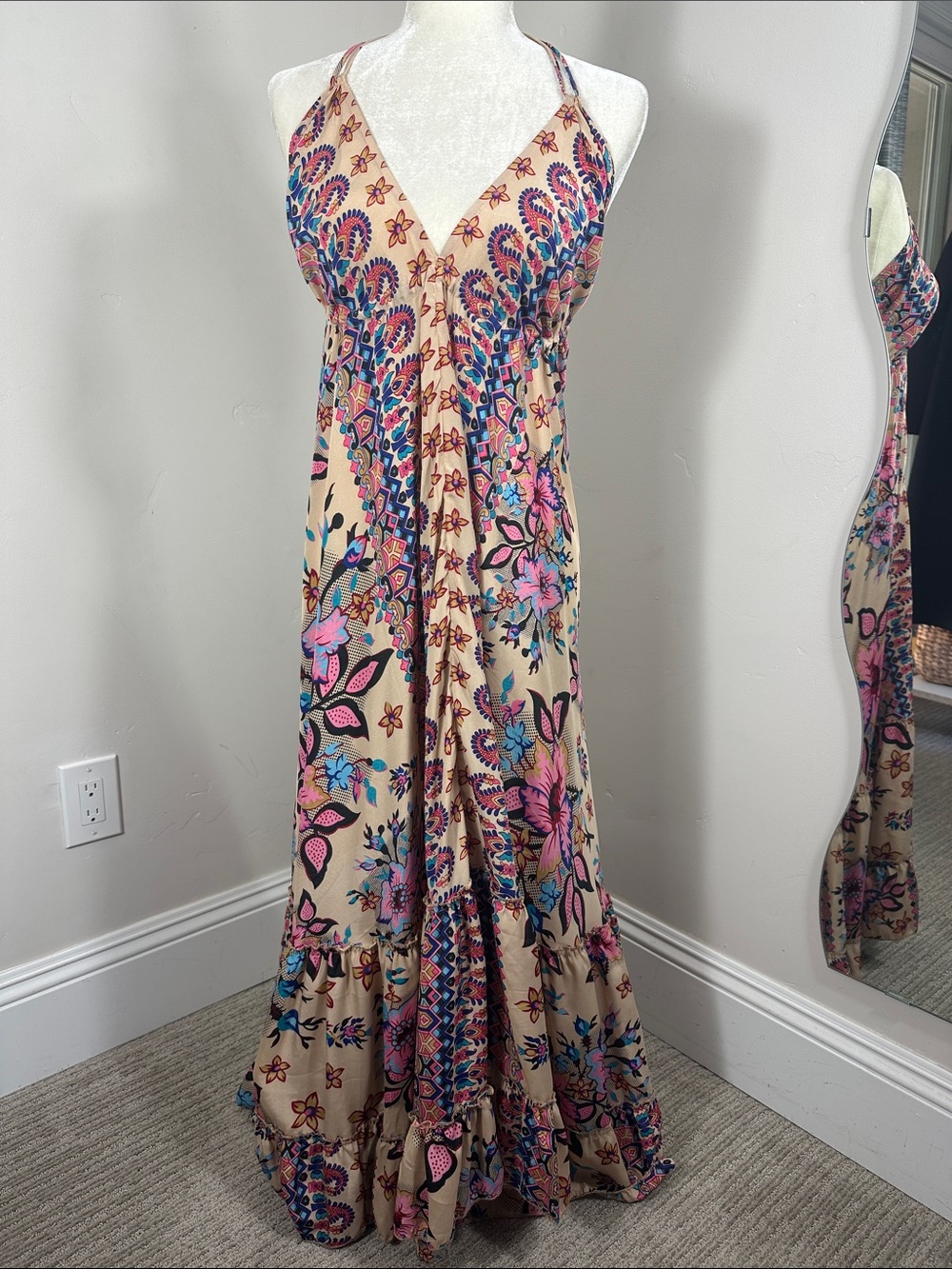 Paani Beige Floral Pink & Blue Maxi Halter stop Open Back Dress Small